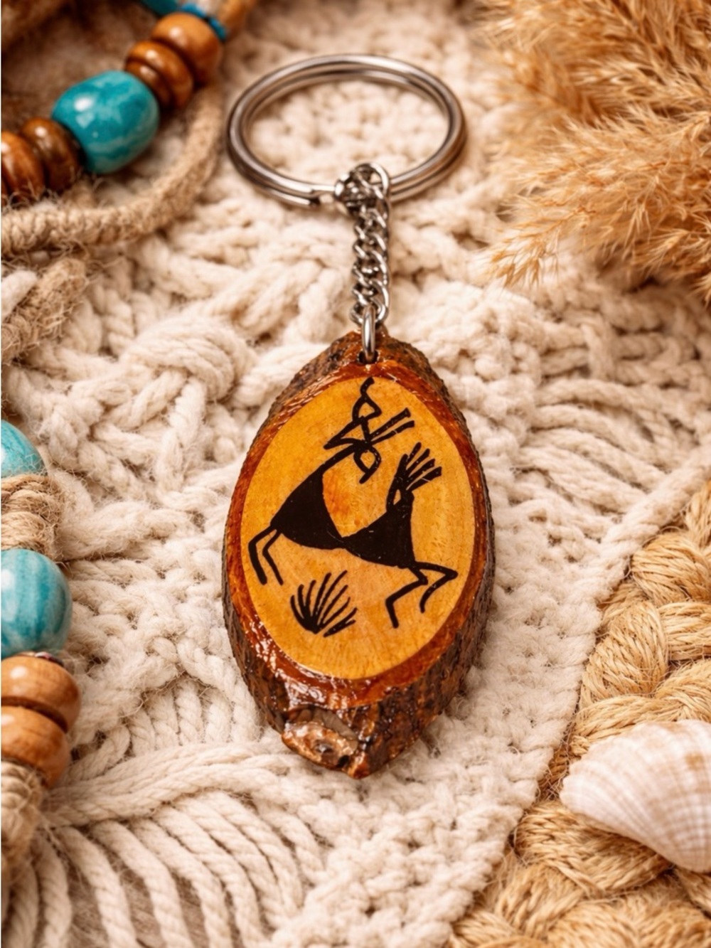 Vintage Wood Art Keychain Southwest Tribal Design Resin Coated Unique - Picture 2 of 4
